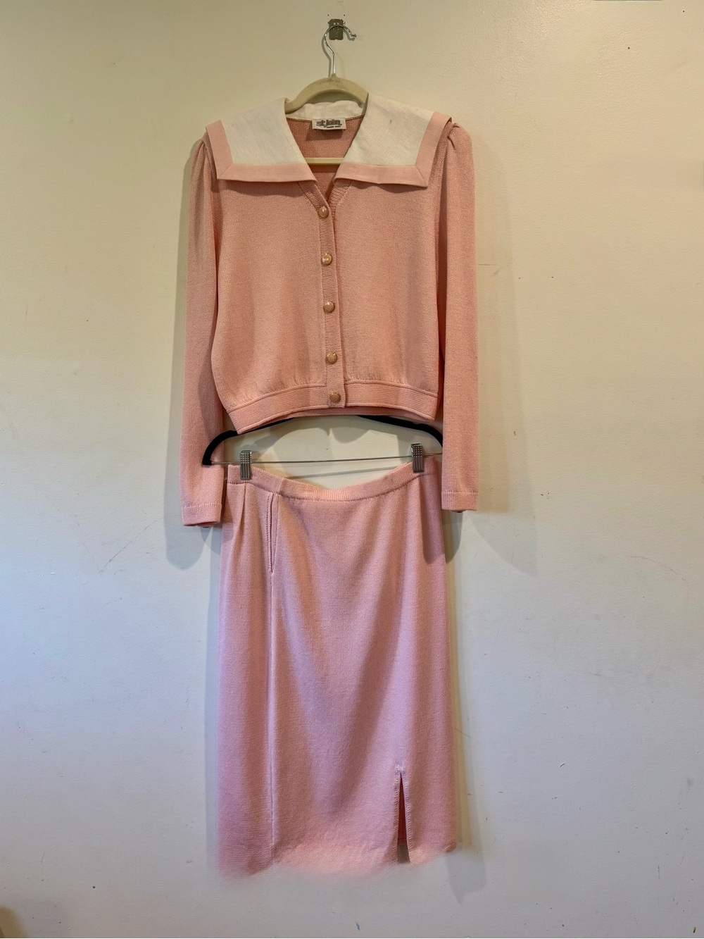 St. John Collection Pink Knit Skirt Set with Sailor Collar